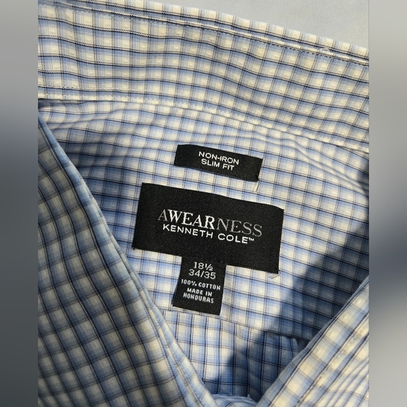 Kenneth Cole Awearness Non-iron Slim Fit 18 1/2 34/35 Blue Checkered - Picture 4 of 6